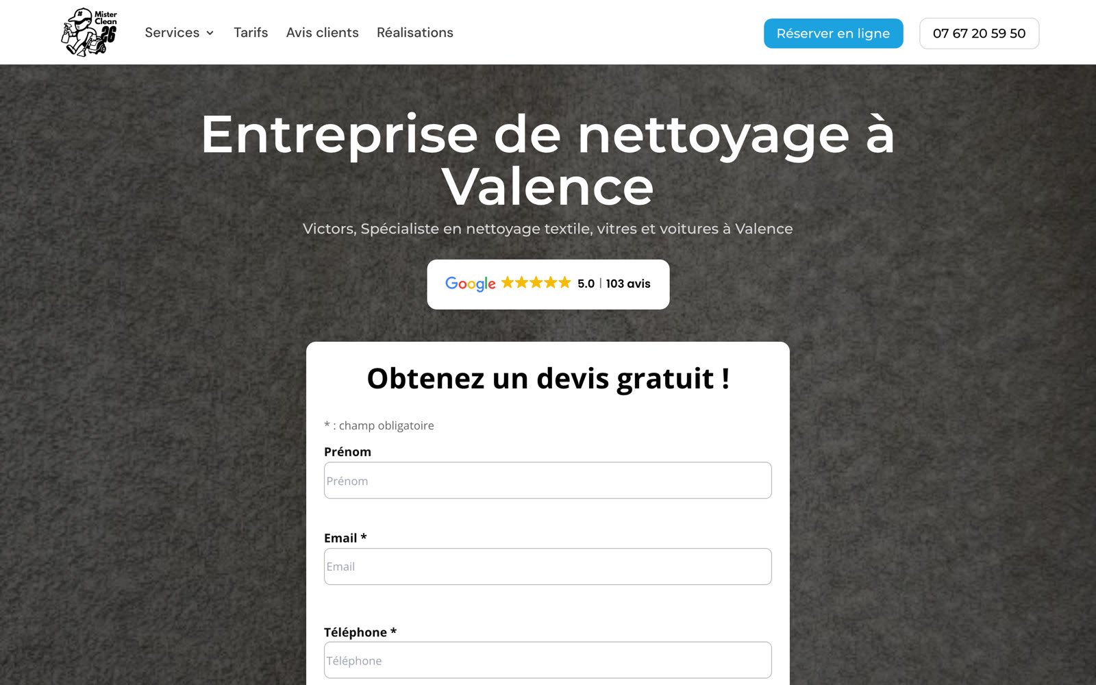 Page d'accueil de MisterClean 26, avec la note Google et le formulaire de devis.