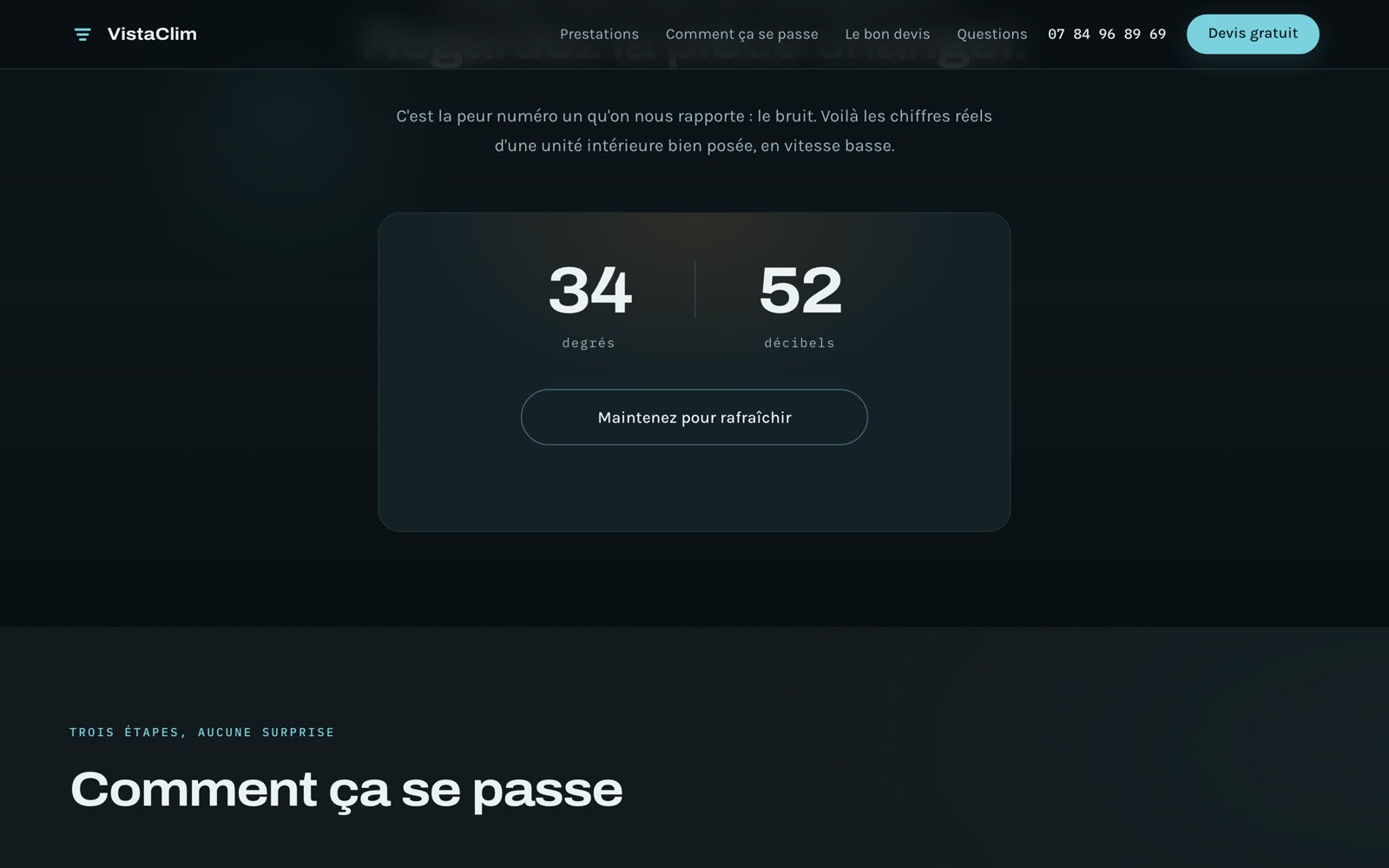 Le moment interactif du site VistaClim : 34 degrés, 52 décibels, à maintenir pour rafraîchir.